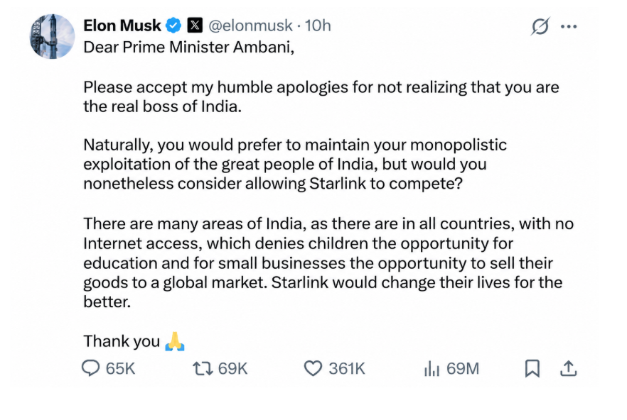 Elon Musk Takes Fresh Dig at Ambani Over Starlink’s India Entry